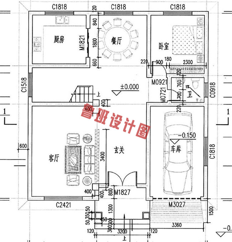 美式田园风三层小别墅设计一层户型图