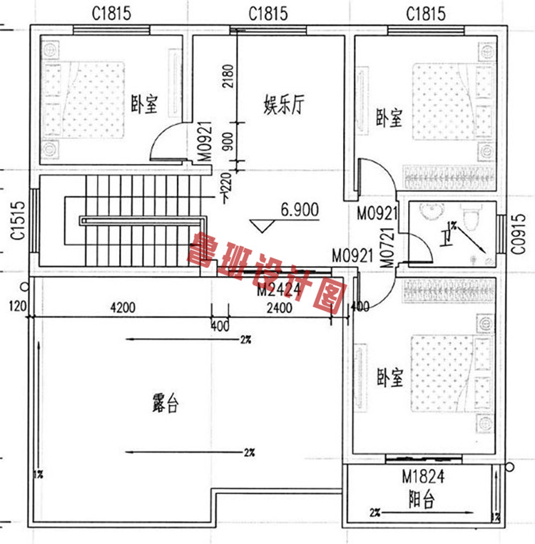 美式田园风三层小别墅设计三层户型图