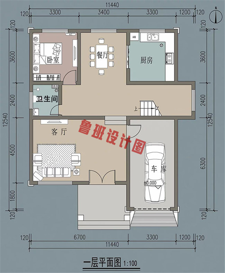 新型农村带车库三层复式房屋设计一层户型图