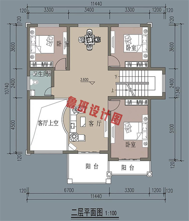 新型农村带车库三层复式房屋设计二层户型图