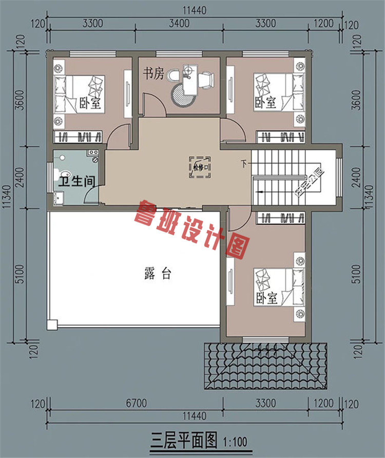 新型农村带车库三层复式房屋设计三层户型图