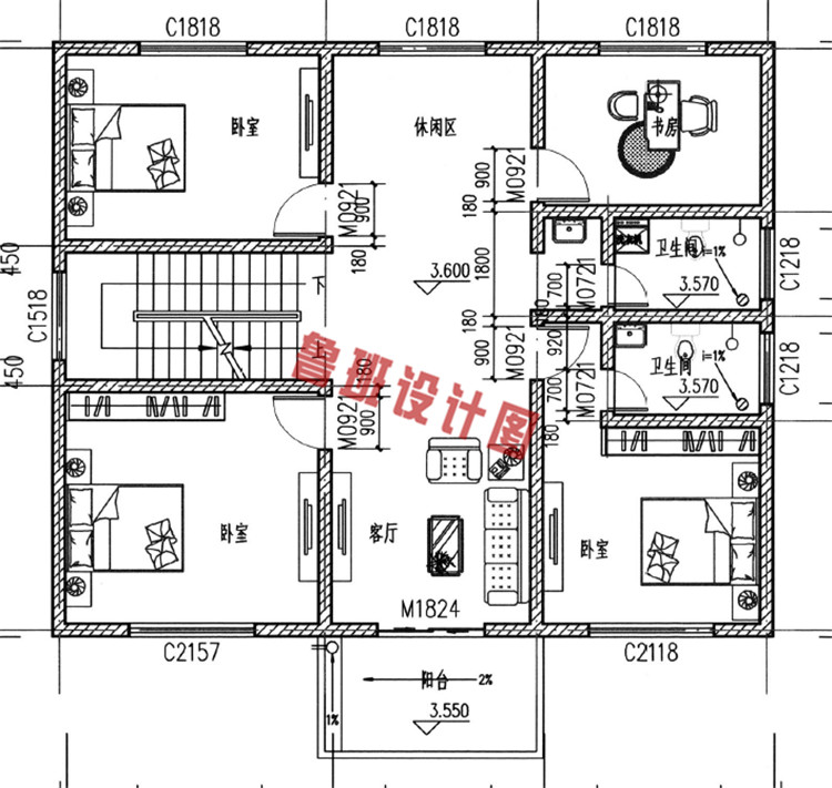 简欧新农村三层房屋设计二层户型图