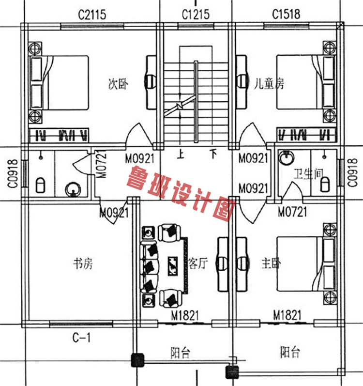 传统三层小别墅设计二层户型图