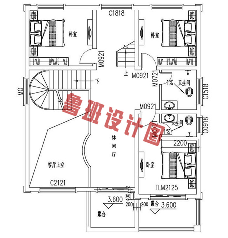 乡村复式三层楼房设计二层户型图