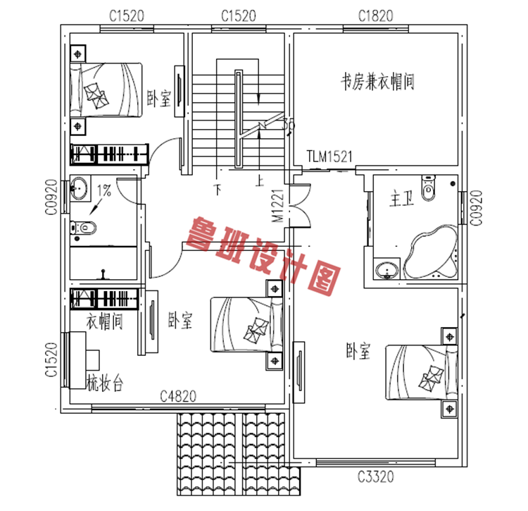 徽派古典三层别墅设计二层户型图