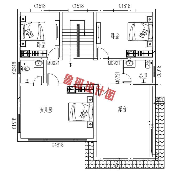 徽派古典三层别墅设计三层户型图