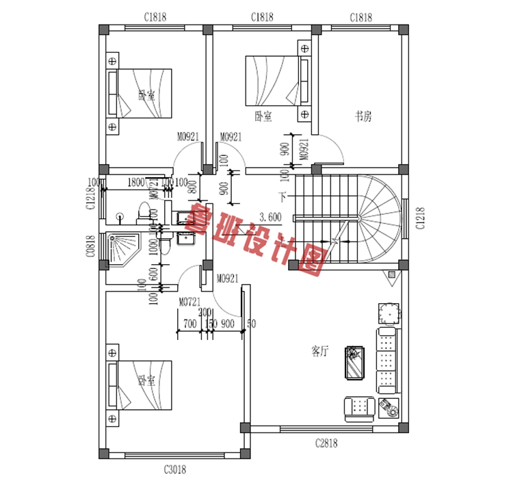 小户型三层自建房屋设计二层户型图