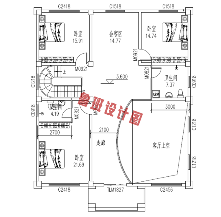 热销款复式实用三层别墅设计二层户型图