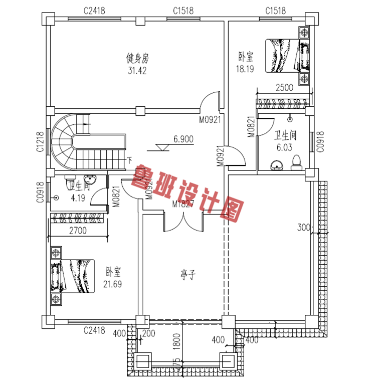 热销款复式实用三层别墅设计三层户型图