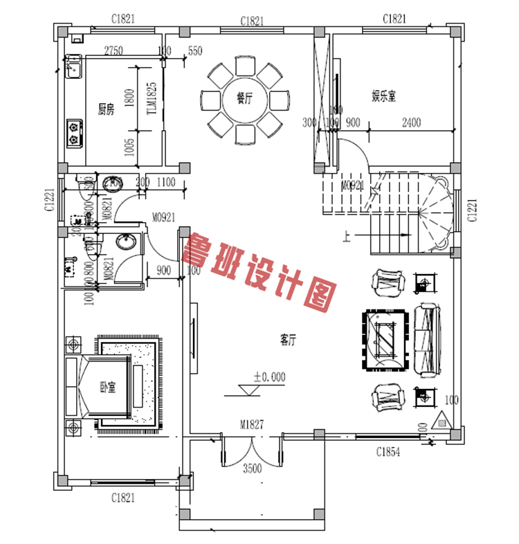 大气欧式三层自建房设计一层户型图