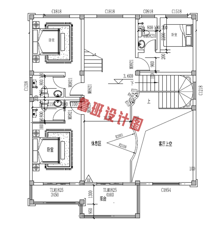 大气欧式三层自建房设计二层户型图