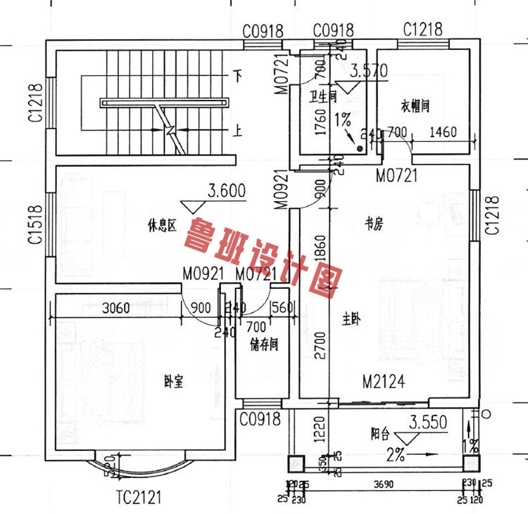 精美三层小别墅设计二层户型图