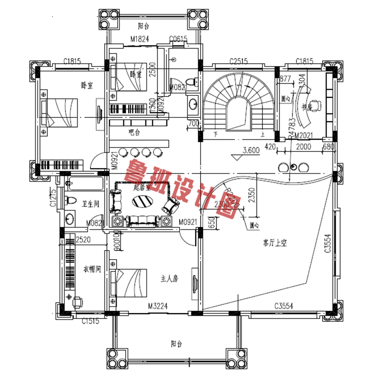 优美的三层别墅设计二层户型图