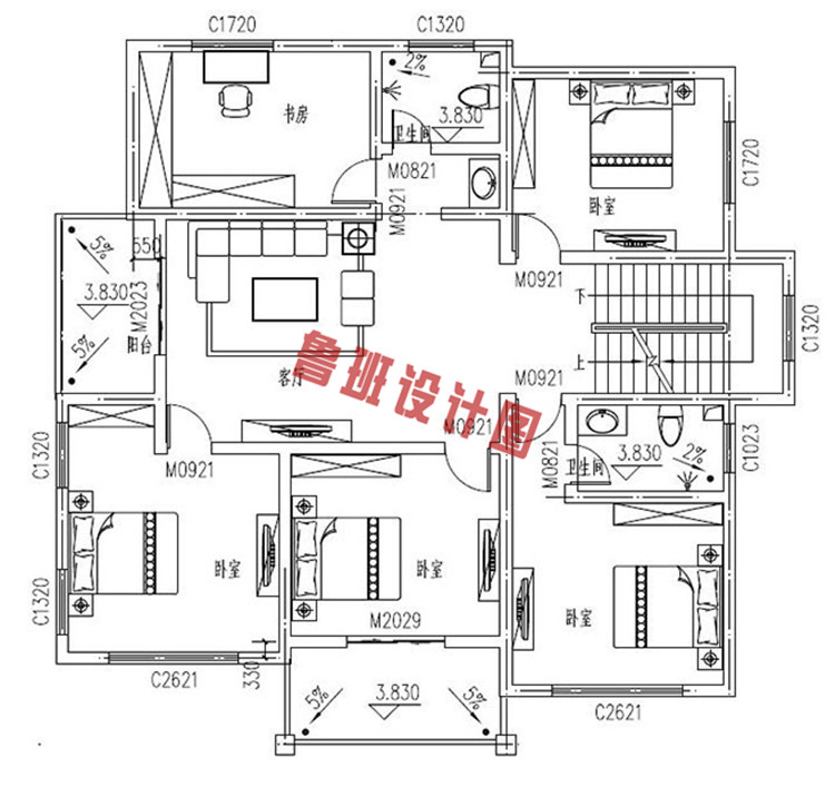 实用型乡村三层小别墅设计二层户型图