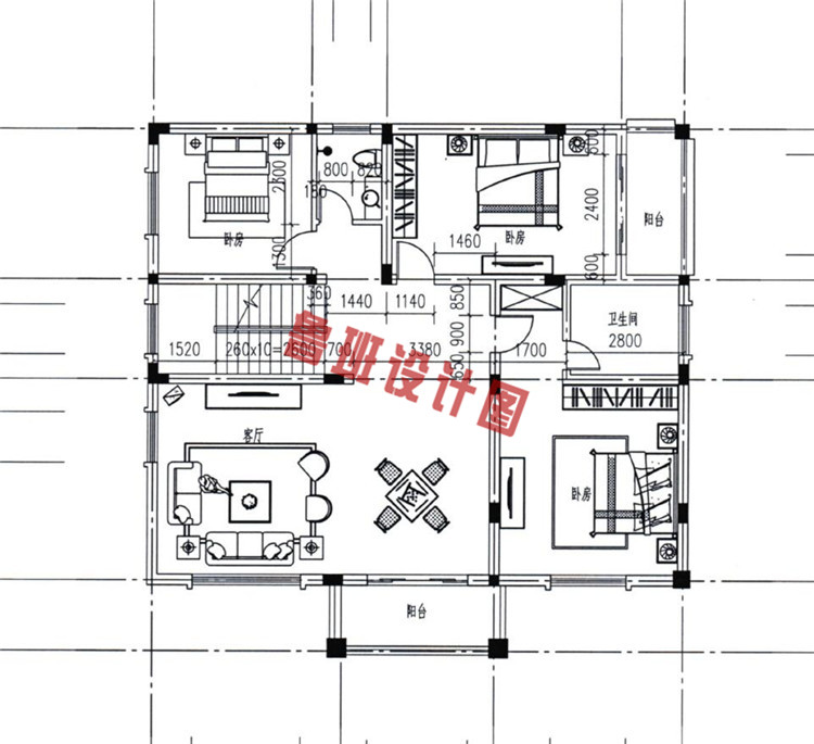 新中式农村三层自建房屋设计二层户型图