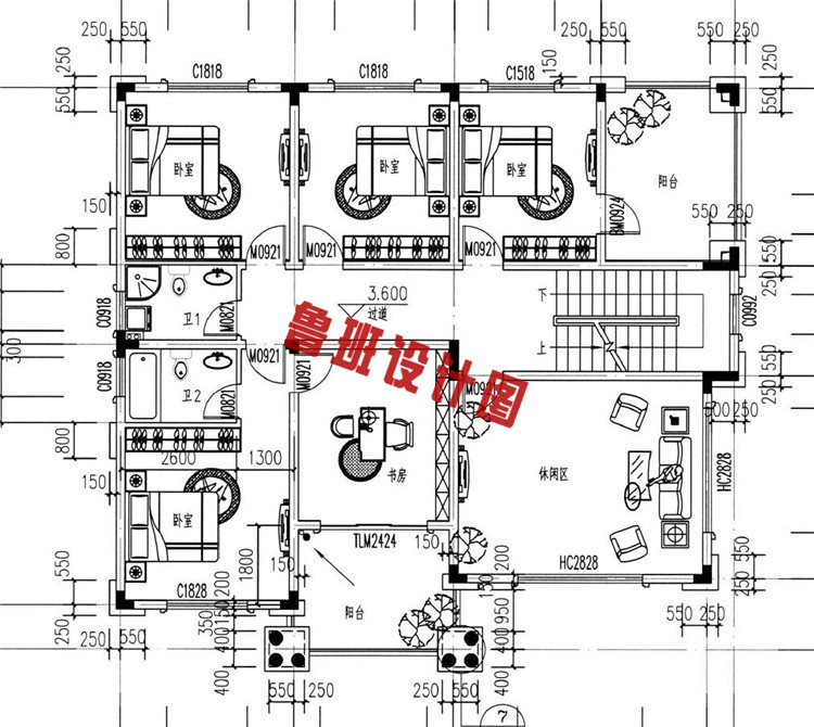 实用农村三层别墅设计二层户型图