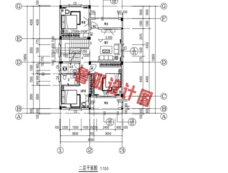 徽派三层小别墅设计二层户型图