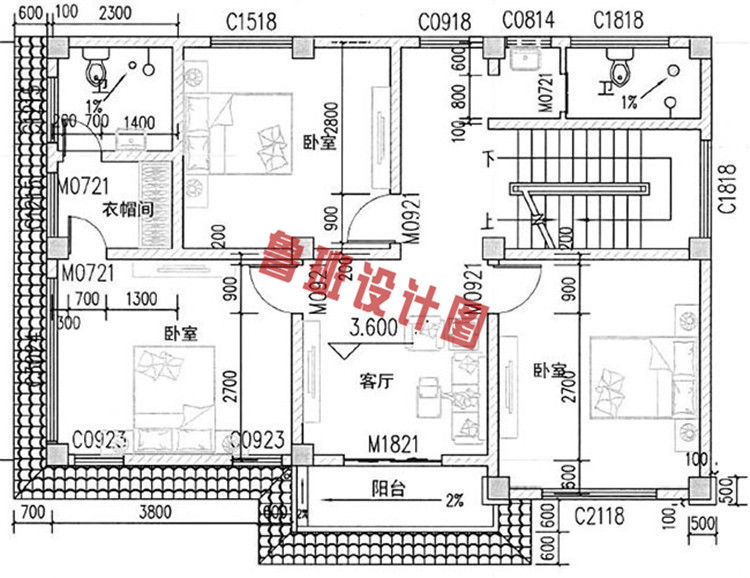 热销款新中式三层别墅设计二层户型图