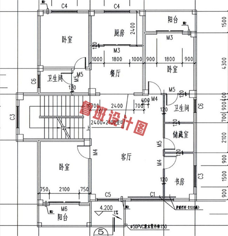 复式三层乡村自建房屋设计二层户型图