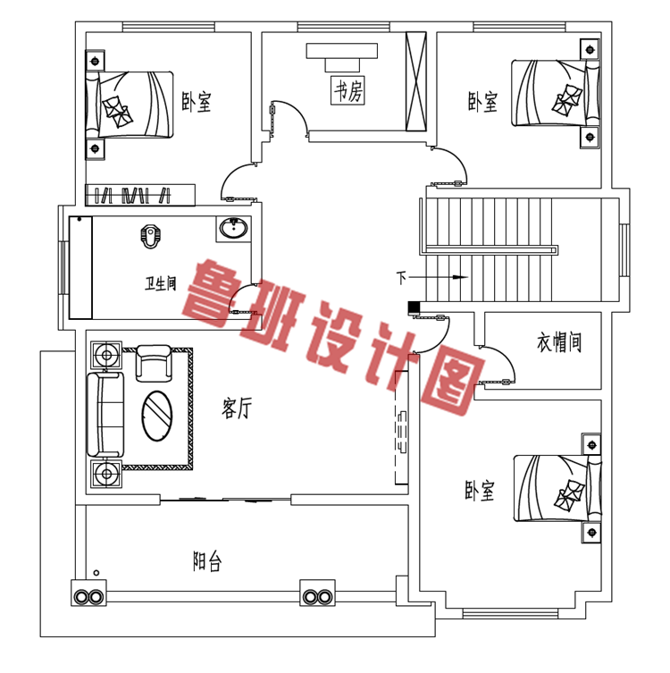 经典两层别墅设计二层户型图