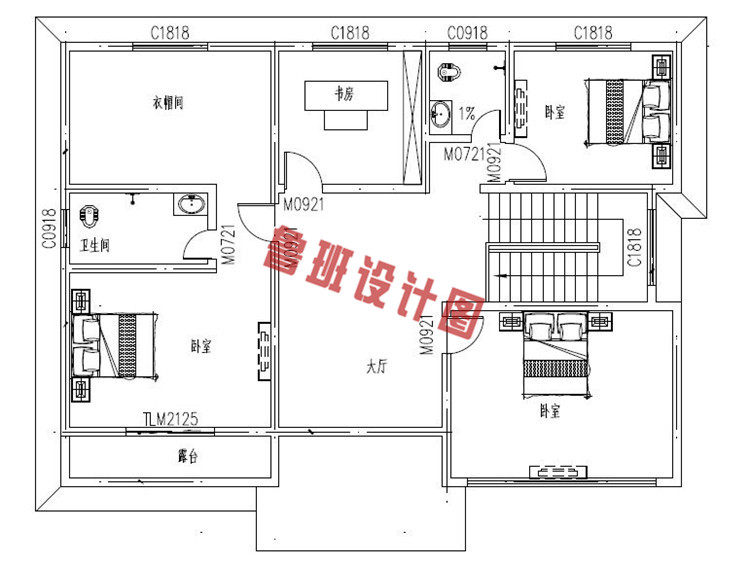 美式田园风二层别墅设计二层户型图