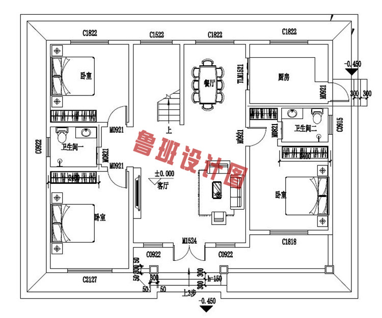 美式二层小别墅设计一层户型图