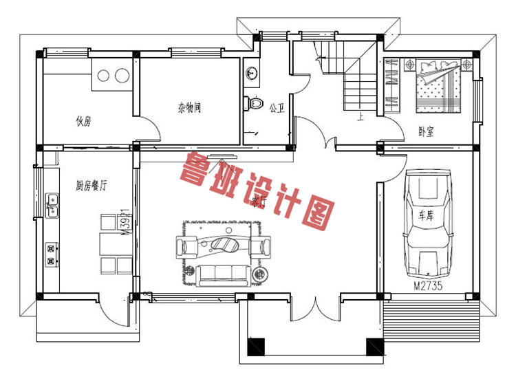 时尚大气的农村二层自建房设计一层户型图