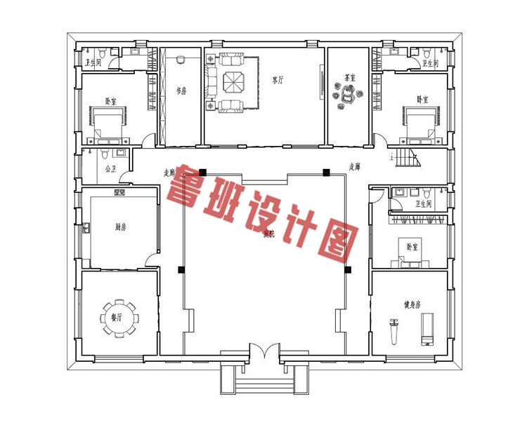 中式四合院二层别墅设计一层户型图