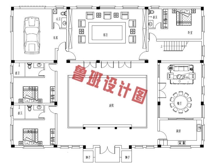 二层中式乡村四合院别墅设计一层户型图