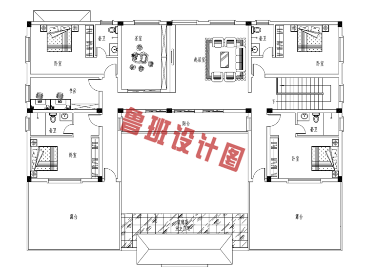 二层中式乡村四合院别墅设计二层户型图