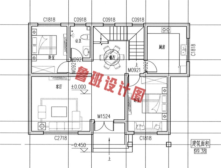 100平乡村二层自建别墅设计一层户型图