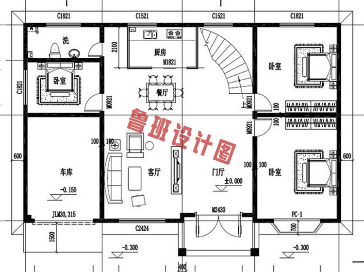 经典美式户型二层别墅设计一层户型图