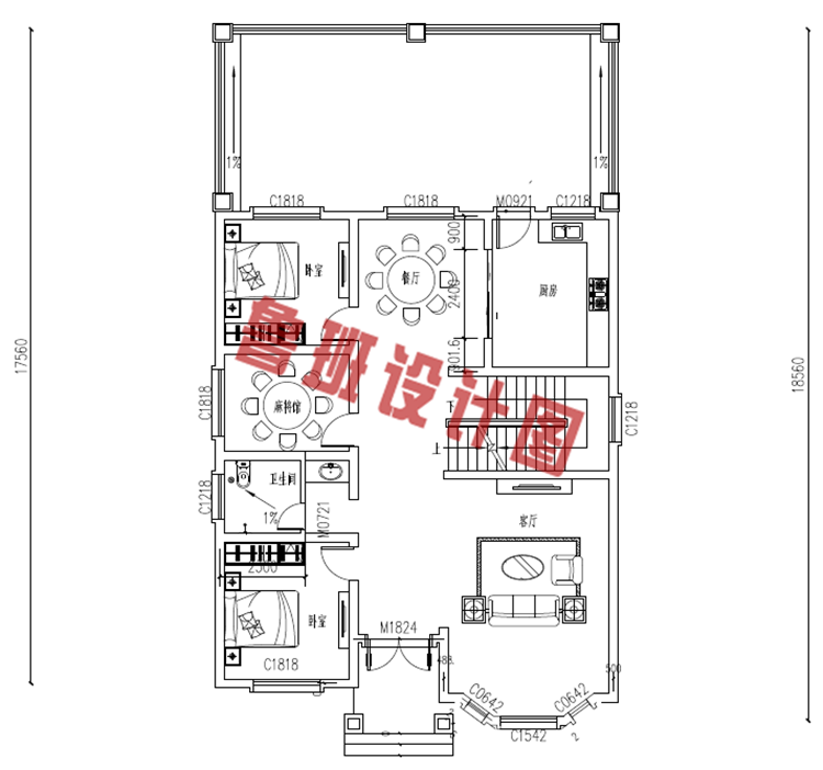 带小院二层别墅设计一层户型图