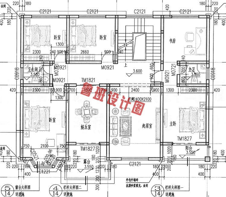 二层带阁楼四间别墅设计二层户型图