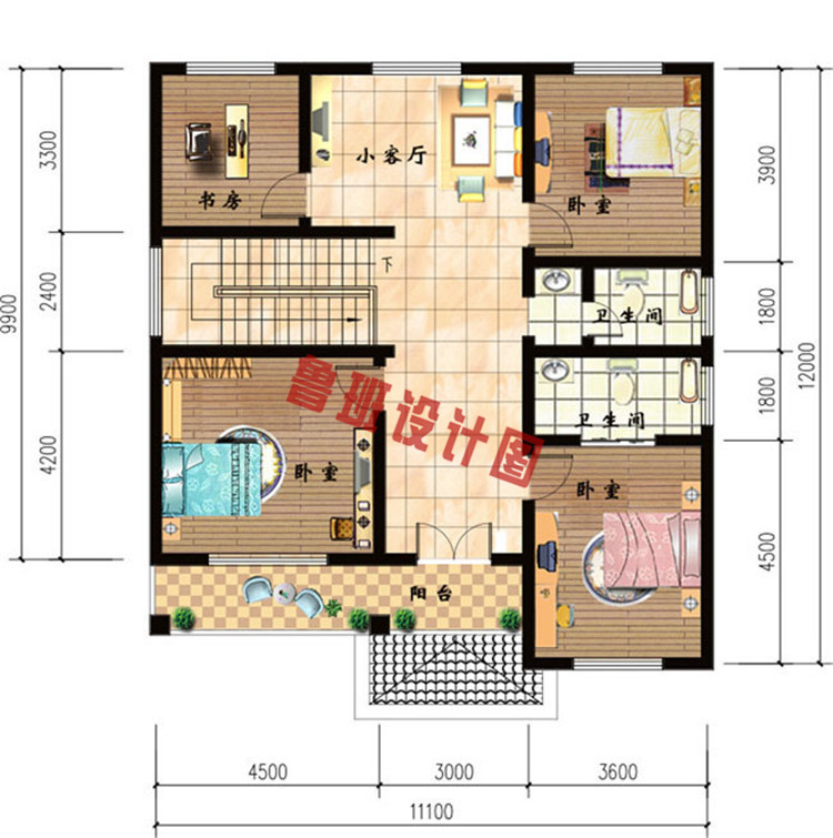 简单大气的二层别墅自建房二层户型图