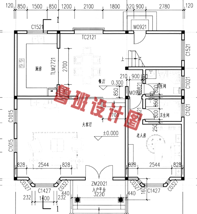 带阁楼二层半欧式别墅设计一层户型图