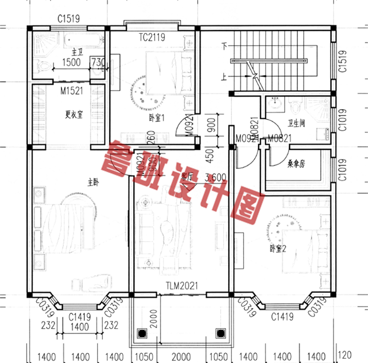 带阁楼二层半欧式别墅设计二层户型图