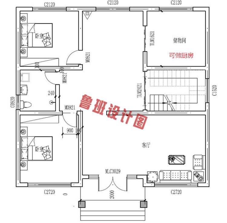 新中式现代二层小别墅设计一层户型图