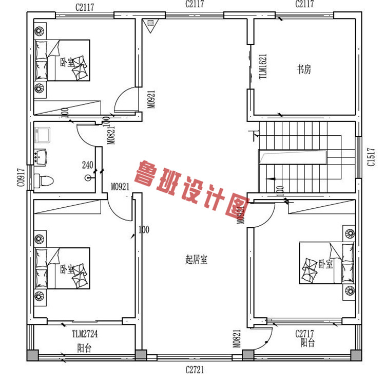 新中式现代二层小别墅设计二层户型图