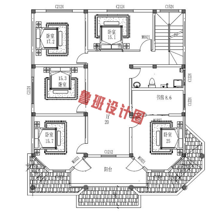 简欧风二层小洋楼设计二层户型图