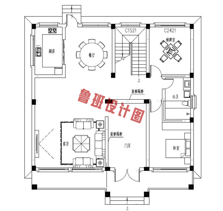 2019年新款徽派二层别墅设计一层户型图