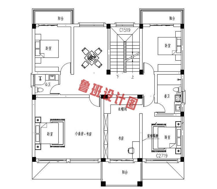 2019年新款徽派二层别墅设计二层户型图