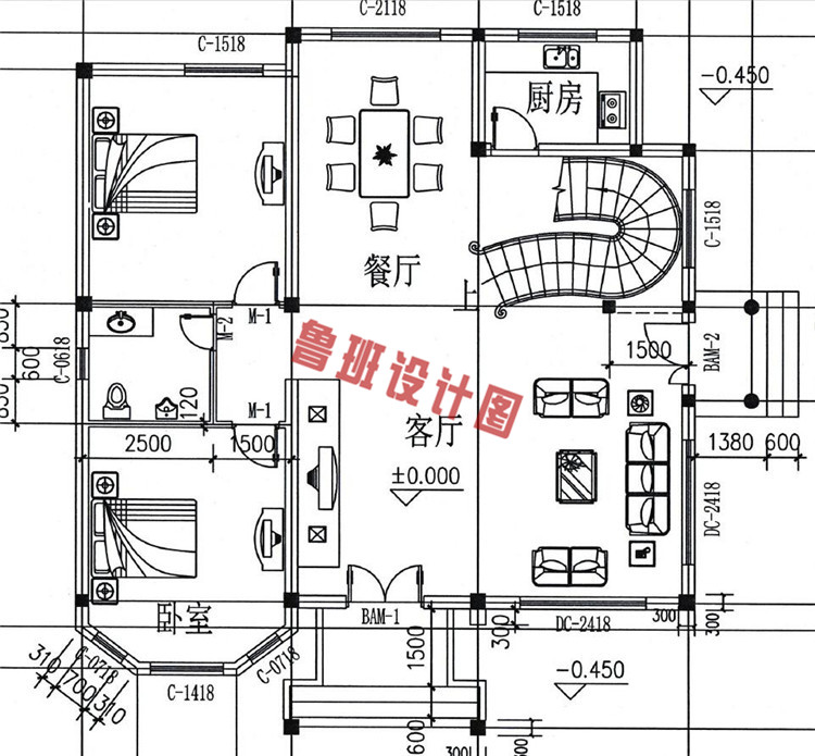 美式田园二层小别墅设计一层户型图