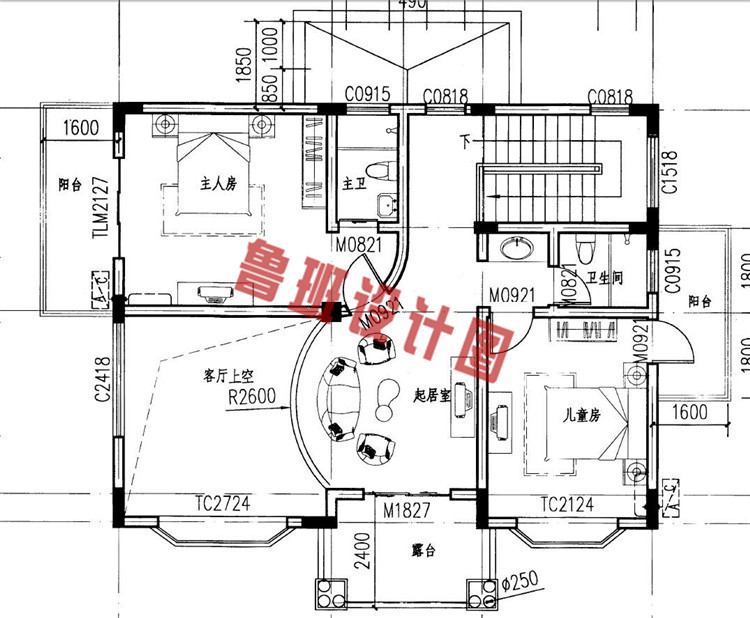 115平带地下室二层别墅设计二层户型图