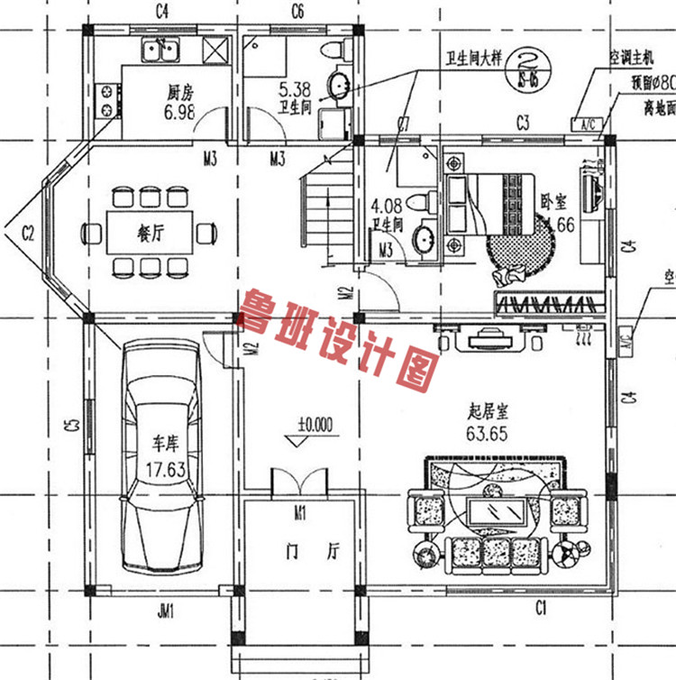 165平带车库二层别墅设计一层户型图