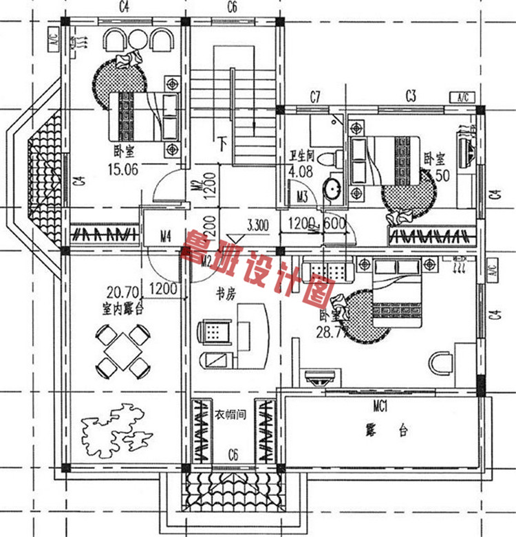 165平带车库二层别墅设计二层户型图