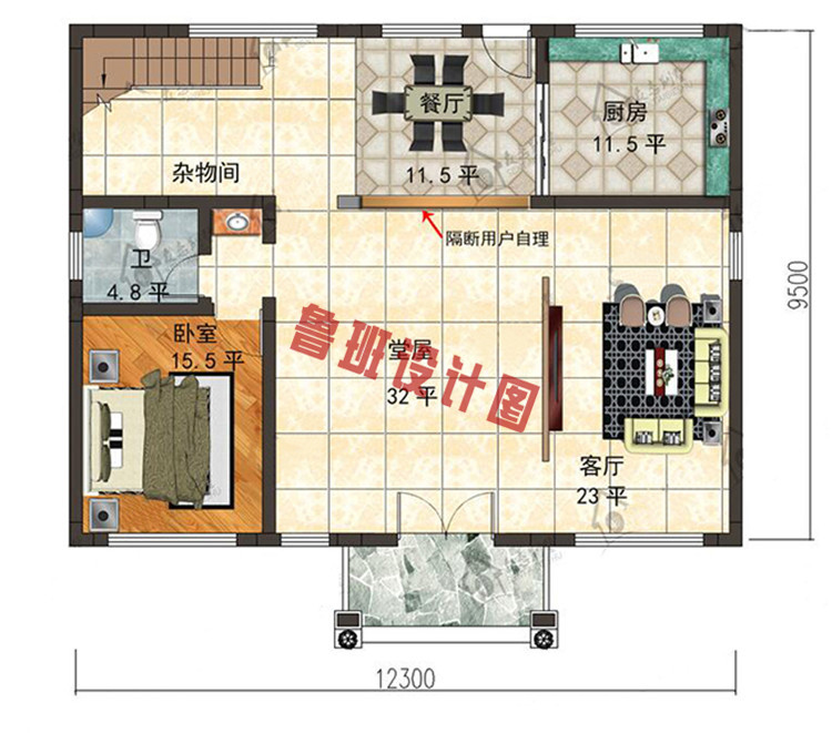 带阁楼的乡村自建房屋设计一层户型图