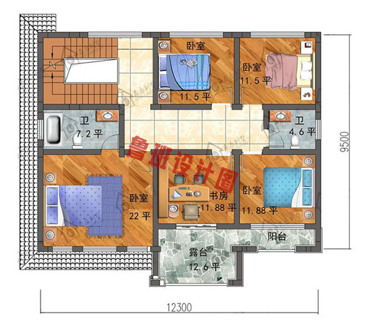 带阁楼的乡村自建房屋设计二层户型图