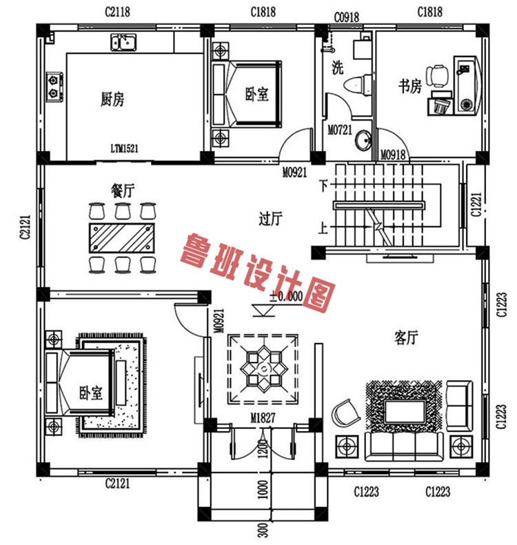 美式田园风二层小别墅设计一层户型图