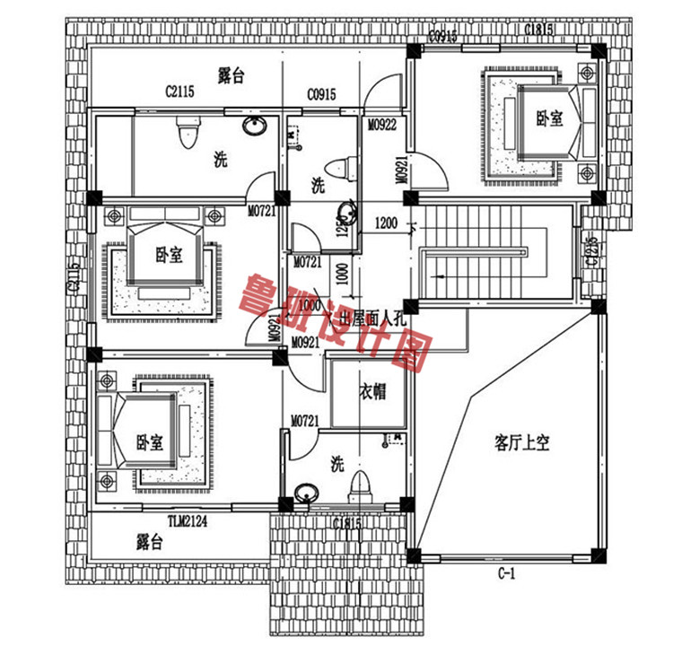 美式田园风二层小别墅设计二层户型图